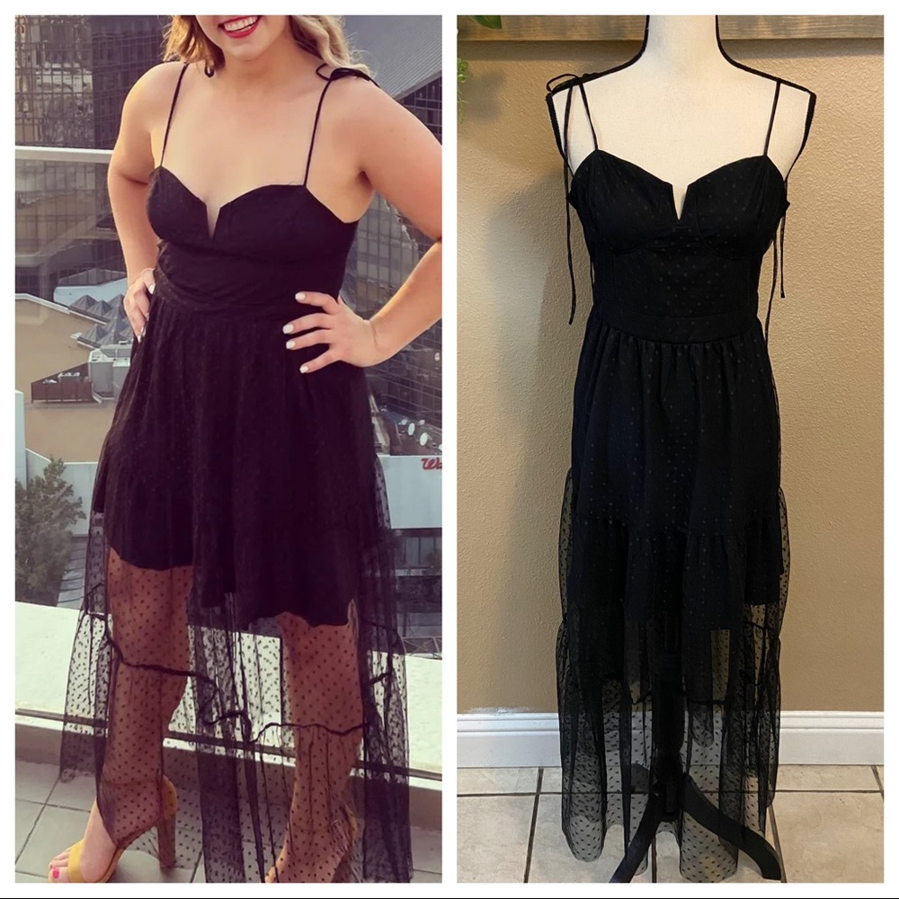 NWOT Lulus Romantic Spot Black Polka Dot Mesh Tiered Midi Dress - Picture 6 of 15